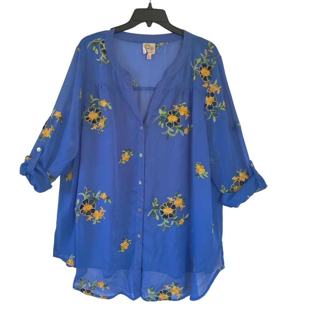 Fig and Flower Blue Floral Embroidered Roll Tab Sleeve Blouse 2X Sheer Top